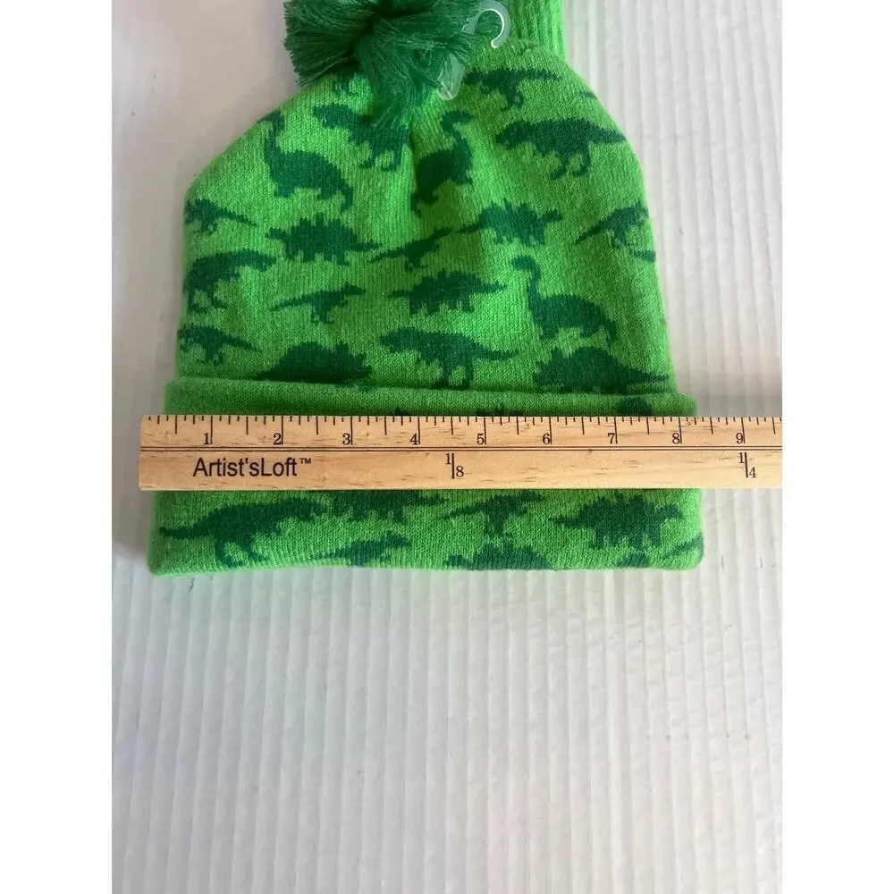 Kids Critter Beanie and Glove Set green dinosaur pattern Pom Pom
